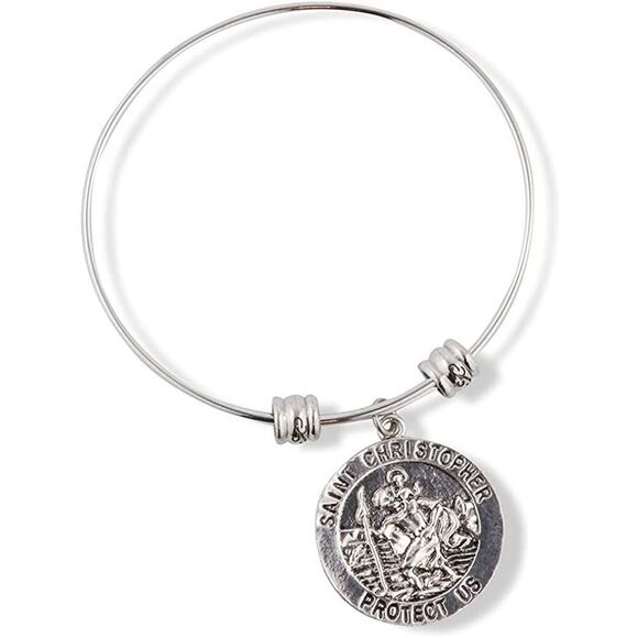 Round Saint Christopher Protect Us Fancy Charm Bangle - Picture 1 of 4